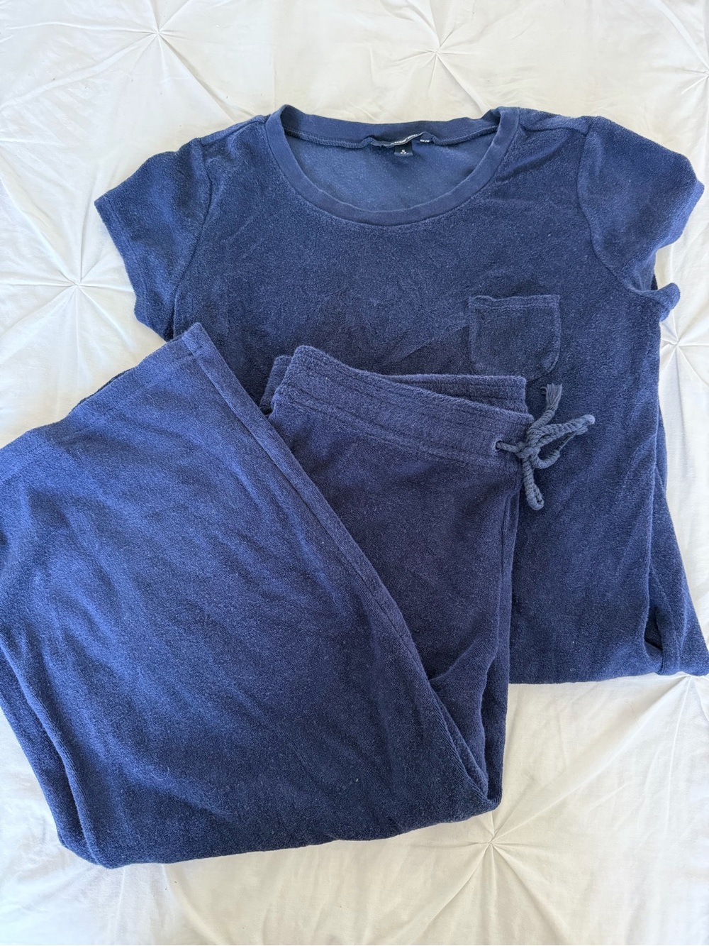 Lands End Navy Short Sleeve Terry Cloth Top and Wide Leg Capri Pants Set Size